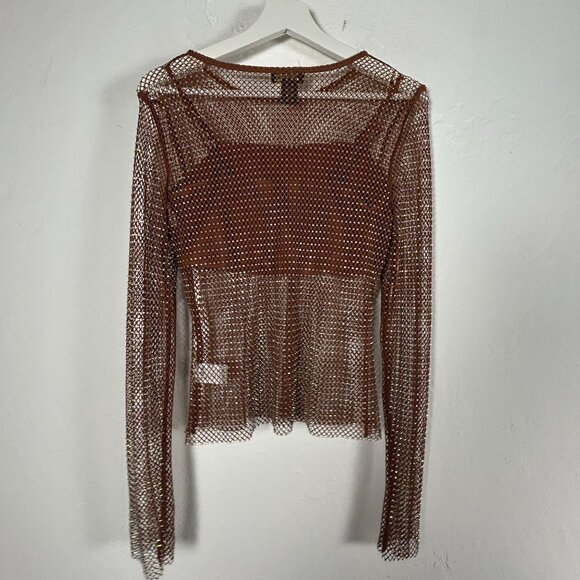 House of Harlow 1960 Womens Mesh Sweater/Top Medium Rhinestones Brown Metallic - Picture 2 of 8